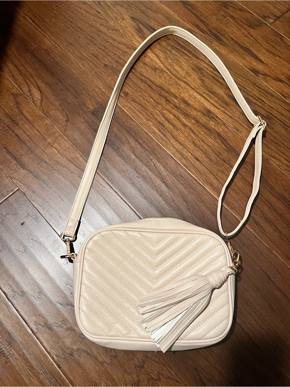 Cream Quilted Crossbody Bag with Tassel